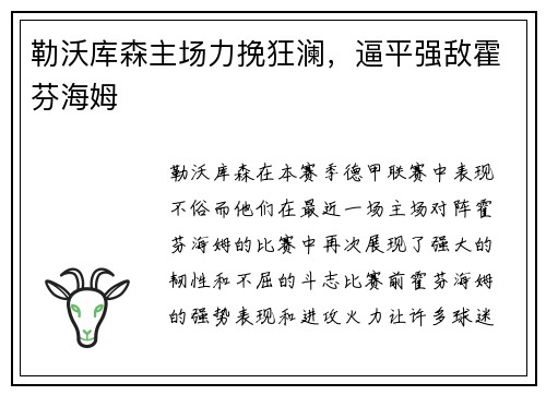 勒沃库森主场力挽狂澜，逼平强敌霍芬海姆
