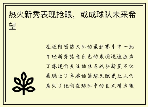 热火新秀表现抢眼，或成球队未来希望