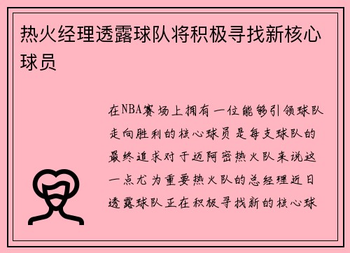 热火经理透露球队将积极寻找新核心球员